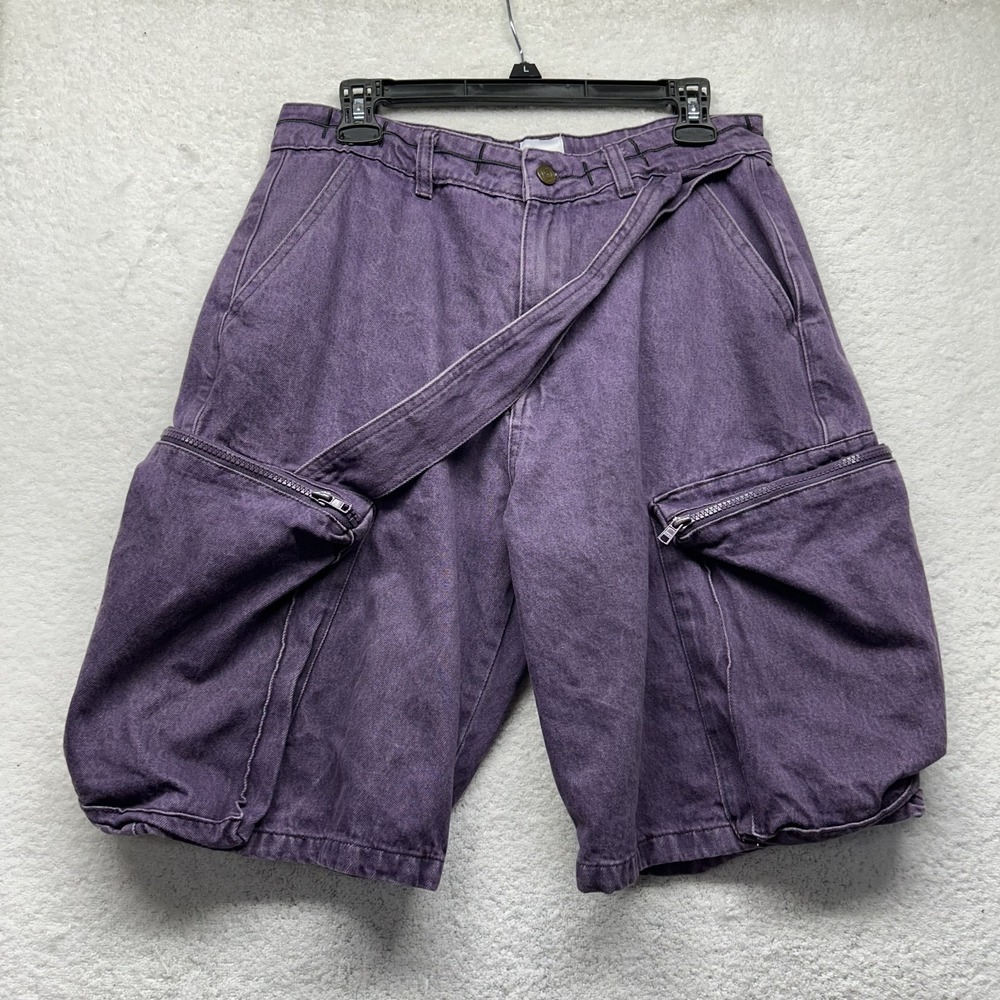 Zees Mens Size M Purple Y2K Brain Cargos Denim Shorts (M1)